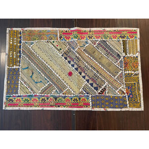 Vintage Indian Embroidered Mirror Work Textile Wall Hanging 21x33 Gujarat Rajast